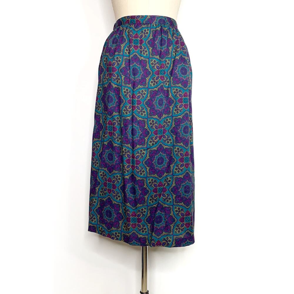 Vintage 90s {Jantzen} A-Line Midi Skirt Purple/Blue Paisley XL - Picture 4 of 12